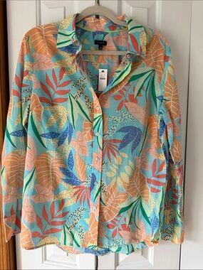 Talbots Coral Aqua Green Tropical Leaf Button-Up Blouse